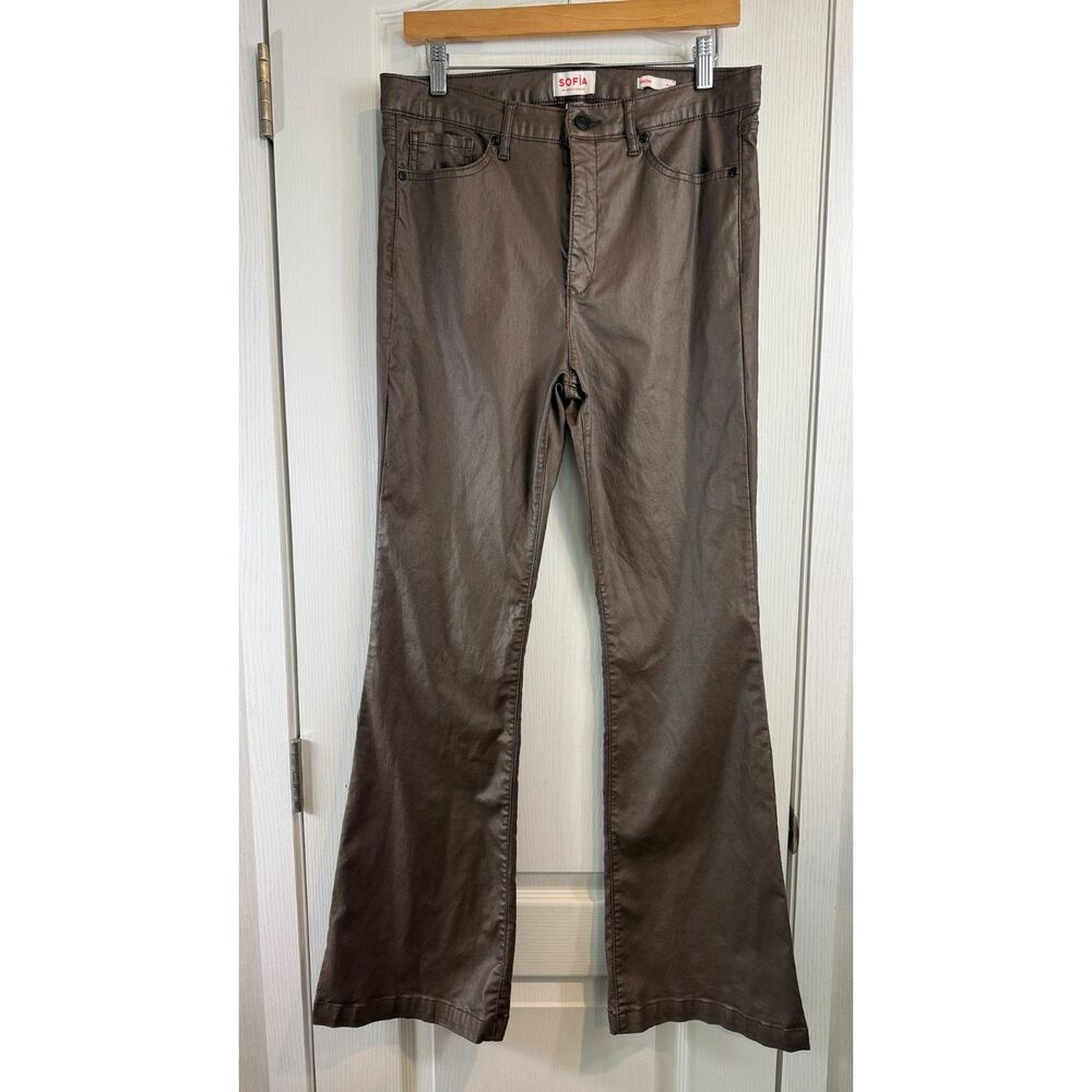 Sofia Vergara Melisa Flare Pants Womens Size 12 Brown Coated Stretch High Rise